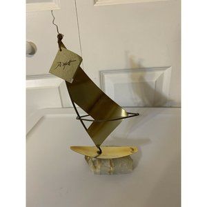 Brass Sailboat 11" Signed‎ De Mott Sculpture Onyx Base Nautical Ship Sailing